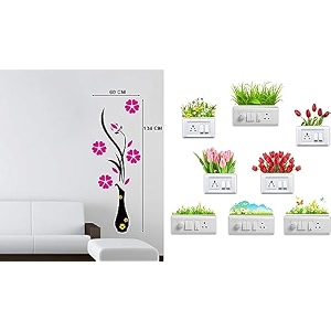 merical flower vase magenta and flowers switch board wall sticker for living room hall bedroom material pvc vinyl