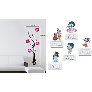 merical flower vase magenta and krishna switch board wall sticker for living room hall bedroom material pvc vinyl