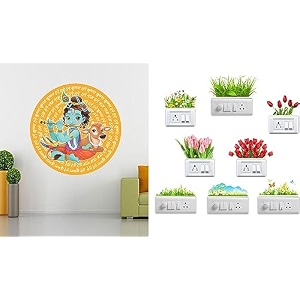 merical flute krishna slogan and flowers switch board wall sticker for living room hall bedroom material pvc vinyl
