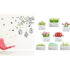 merical flying birds with case and flowers switch board wall sticker for living room hall bedroom material pvc vinyl