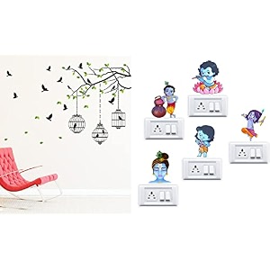 merical flying birds with case and krishna switch board wall sticker for living room hall bedroom material pvc vinyl