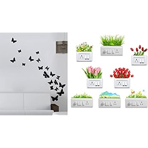 merical flying butterfly and flowers switch board wall sticker for living room hall bedroom material pvc vinyl