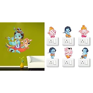 merical krishna playing with cow and ganesh switch board wall sticker for living room hall bedroom material pvc vinyl