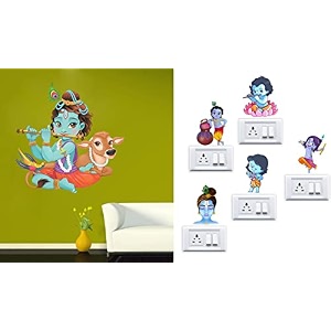 merical krishna playing with cow and krishna switch board wall sticker for living room hall bedroom material pvc vinyl