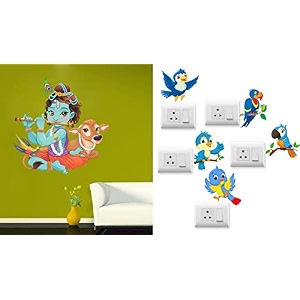 merical krishna playing with cow and twitter switch board wall sticker for living room hall bedroom material pvc vinyl