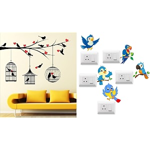 merical love birds with hearts and twitter switch board wall sticker for living room hall bedroom material pvc vinyl