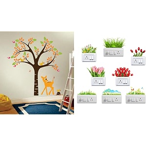 merical orange deer and tree and flowers switch board wall sticker for living room hall bedroom material pvc vinyl