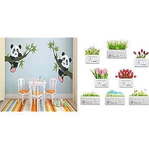 merical panda hanging on a branch and flowers switch board wall sticker for living room hall bedroom material pvc vinyl