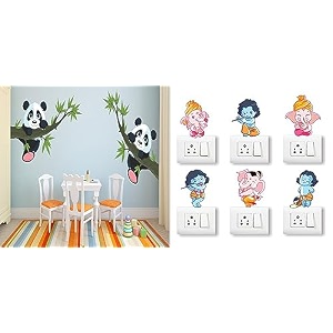 merical panda hanging on a branch and ganesh switch board wall sticker for living room hall bedroom material pvc vinyl