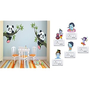 merical panda hanging on a branch and krishna switch board wall sticker for living room hall bedroom material pvc vinyl