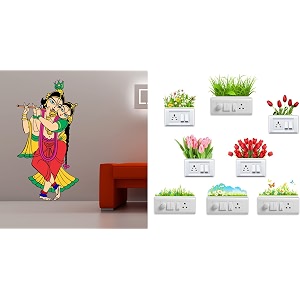 merical radhe krishna multicolor and flowers switch board wall sticker for living room hall bedroom material pvc vinyl