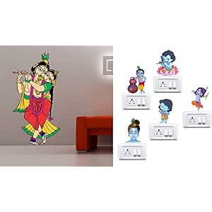merical radhe krishna multicolor and krishna switch board wall sticker for living room hall bedroom material pvc vinyl