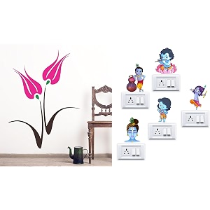 merical tulip flower and krishna switch board wall sticker for living room hall bedroom material pvc vinyl