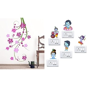 merical tulip vine and krishna switch board wall sticker for living room hall bedroom material pvc vinyl