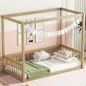 MERITLINE Full Canopy Bed Frame with Fence,Solid Wood Montessori Floor Bed with Guardrail, Easy to Assemble (Natural)
