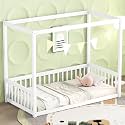 MERITLINE Full Canopy Bed Frame with Fence,Solid Wood Montessori Floor Bed with Guardrail, Easy to Assemble (White)