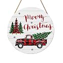 Merry Christmas Door Sign,ChristmasTree Decorations Wooden Holiday Hanging Sign for Front Door, Winter Decorations for Home Garden Christm New Year 12"x12"