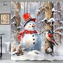 Merry Christmas Shower Curtain, Happy Snowman Red Birds Xmas Snowfield Pine Tree Forest Holiday Home Decor Bath Curtains, Winter Farmhouse Fabric