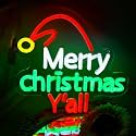 Merry Christmas Y'all Neon Sign Christmas Hat LED Wall Light for Holiday Decor, Elf Neon Light Sign for Bedroom Living Room Party Bar Home Gift for Kids