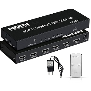 hdmi splitter 4k60hz hdmi switchsplitter 2 in 4 out with remote 2x4 hdmi splitter switcher 4k with spdif amp 35mm audio support 4k3d1080phdcp22hdr 10 black hdmi splitter 2x4 3d