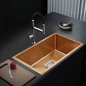messina 2434 x 1834 x 1034 stainless steel sink for kitchen handmade sink single bowl matt rose gold finish with sound proof pads  waste pipe  square coupling  adjustble rack