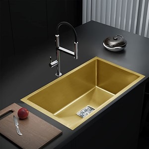 messina 2434 x 1834 x 1034 stainless steel sink for kitchen handmade sink single bowl matt gold finish with sound proof pads  waste pipe  square coupling  adjustble rack