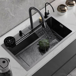 messina waterfall kitchen sink 24x18x10 multi-function  waterfall kitchen sink kitchen sink with pull-out faucet  more m-102 vessel sink black