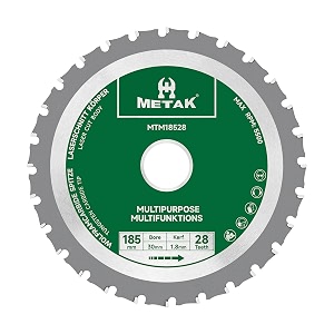 metak hm circular saw blade 185 x 30 mm for wood metal aluminium multi-purpose blade 185 mm 28 teeth for steel 30 mm reduction ring included