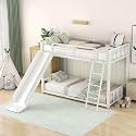 Metal Bunk Bed Frame for Kids | Twin Over Twin Metal Bunk Bed with Slide for Bedroom Living Room Home (White)