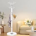 Metal Heavy Duty Coat Rack Stand, Modern 360° Roraty Freestanding Coat Rack with Natural Marble Base, White Coat Racks Hall Tree Hanger Stand with 16 Hooks for Entryway, Office