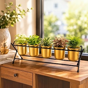 metal plant stand with 5 gold pots indoor herb planter rack