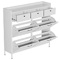 Metal Shoe Cabinet White - 4 Flip Drawers + 3 Drawers, Slim 11.8" D Freestanding Steel Shoe Organizer, Anti-Tip Hidden Entryway Shoe Rack
