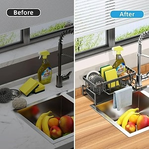 metal sponge holder for kitchen sink  auto-draining sink organizer caddy with soap tray brush amp towel holder  heavy-duty powder-coated iron free-standing rack black 23109 cm