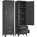Metal Tall Narrow Storage Cabinet,Freestanding Floor Cabinet with 2 Drawers and 3 Adjustable Shelves,Pantry Storage Cabinets for Bathroom,Living Room,Entryway and Kitchen,Black