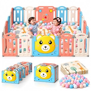 playpen for babies 0-3 years 16 panels30 sqft kids play area indoor setup with mat balls play yard for baby toddlers play pen fence activity center with safety door lock suction 5  6 ft multicolor