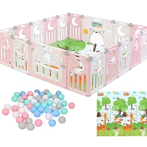 playpen for babies 0-3 years 16 panels30 sqft foldable kids play area indoor setup with mat balls play yard for baby toddlers play pen fence activity safety door lock suction 5  6 ft pink