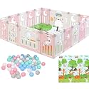 Playpen for Babies 0-3 Years 16 Panels/30 Sqft Foldable Kids Play Area Indoor Setup with Mat, Balls Play Yard for Baby Toddlers, Play Pen Fence Activity, Safety Door Lock, Suction (5 * 6 FT) Pink