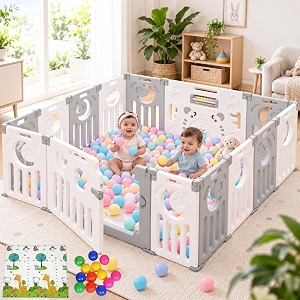 playpen for babies 0-3 years 16 panels30 sqft foldable kids play area indoor setup with mat balls play yard for baby toddlers play pen fence activity safety door lock suction 5  6 ft grey