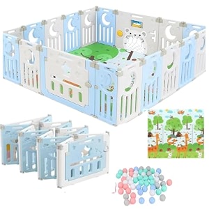playpen for babies 0-3 years 18 panels36 sqft foldable kids play area indoor setup with mat balls play yard for baby toddlers play pen fence activity safety door lock suction 6  6 ft blue
