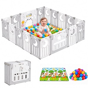 playpen for babies 0-3 years 16 panels30 sqft foldable kids play area indoor setup with mat balls play yard for baby toddlers play pen fence activity safety door lock suction 5  6 ft grey