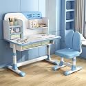 Study Table for Kids 5-12years with Chair Height Adjustable Drawing Learning Reading Children Study Desk with Storage Cabinet (Blue 1, Adjustable Table +Cushion Chair)