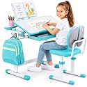 Kids Study Table and Chair Set for 3-12 Years, Children Height Adjustable Ergonomic Study Desk with Tiltable Desktop, Book Stand, Drawer, Writing Reading Drawing Table for Boys &amp; Girls