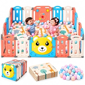 playpen for babies 0-3 years 16 panels30 sqft kids play area indoor setup with mat balls play yard for baby toddlers play pen fence activity center with safety door lock suction 5  6 ft multicolor