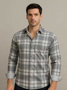 METRONAUT Men Checkered Casual Grey Shirt
