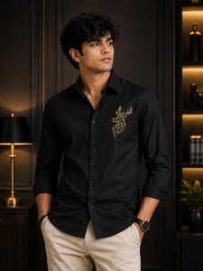 METRONAUT Men Embroidered Casual Black Shirt