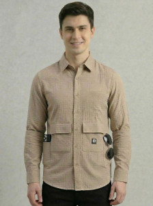 METRONAUT Men Self Design Casual Beige Shirt