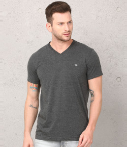metronaut solid men v neck grey t-shirt