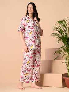 METRONAUT Women Printed White Night Suit Set