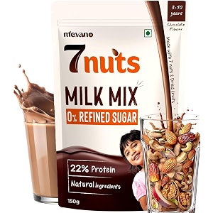 mevano 7 nuts nutrition drink powder for kids 3-10 age 150g  refined sugar free 22 protein all natural  7 nuts amp dry fruits powder - badam cashew walnut pista date  chocolate milk mix
