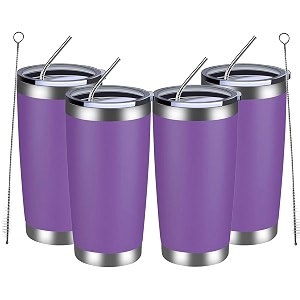 meway 20oz tumbler 4 pack double wall vacuum insulated travel mug bulk stainless steel tumblers with lid and straw durable powder coated coffee cups for cold amp hot drinks purple 4